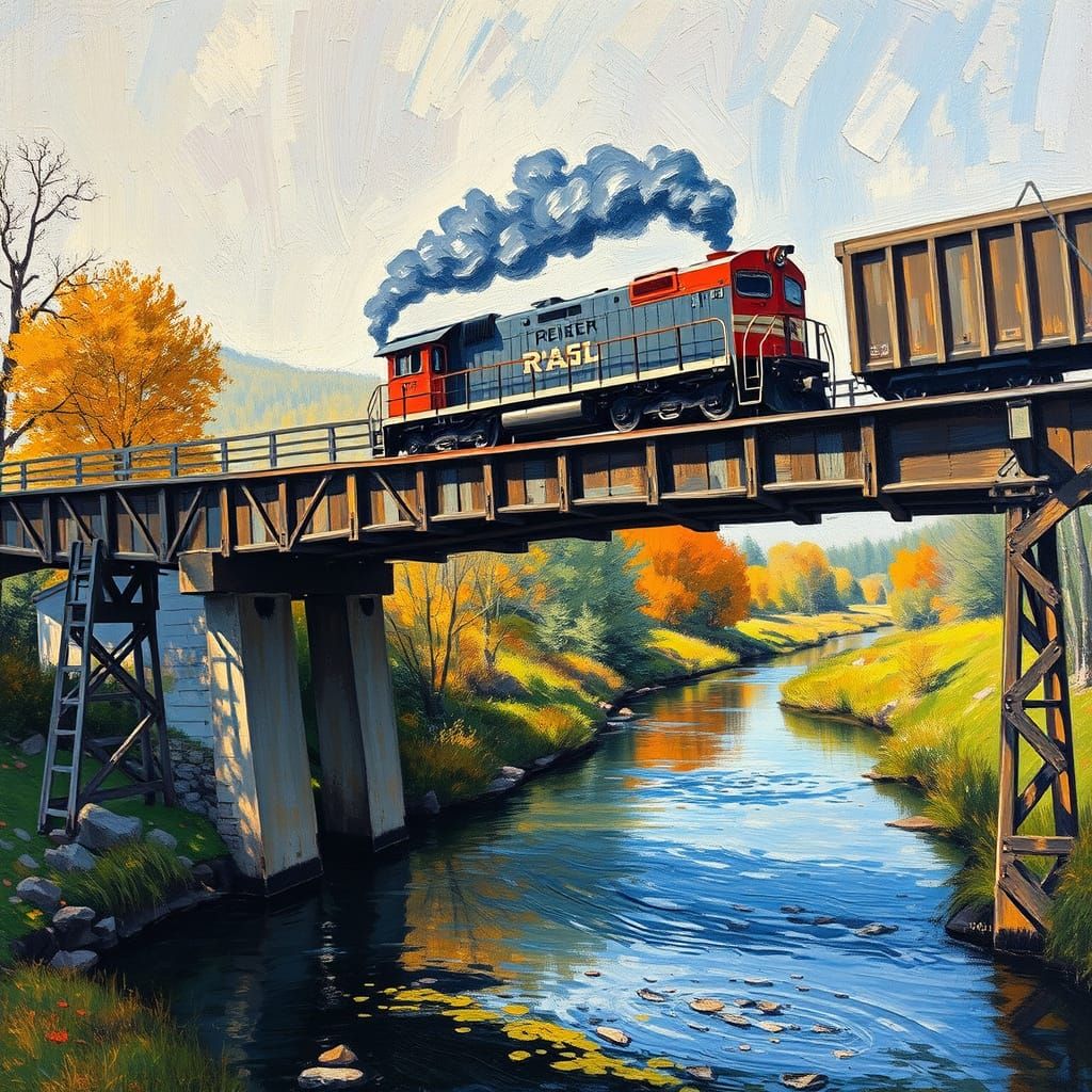 Freight Train on Weathered Trestle Bridge over Serene Small ...