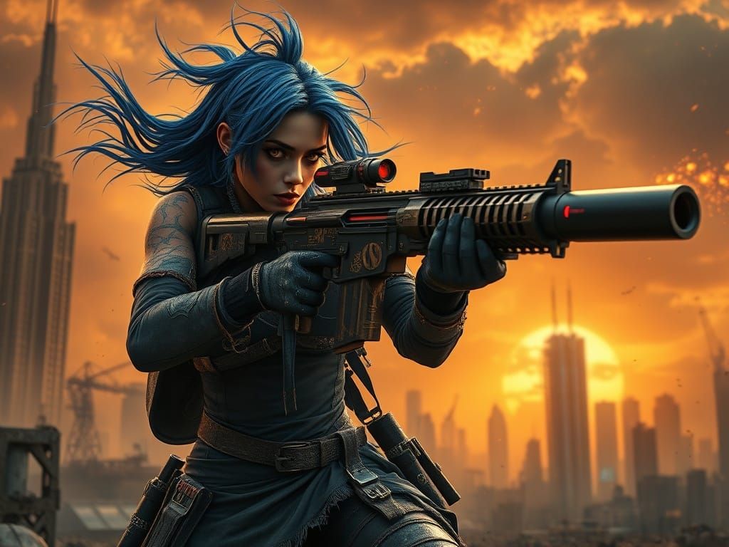 Cyberpunk Jinx Fires Gatling Gun in Dystopian Cityscape