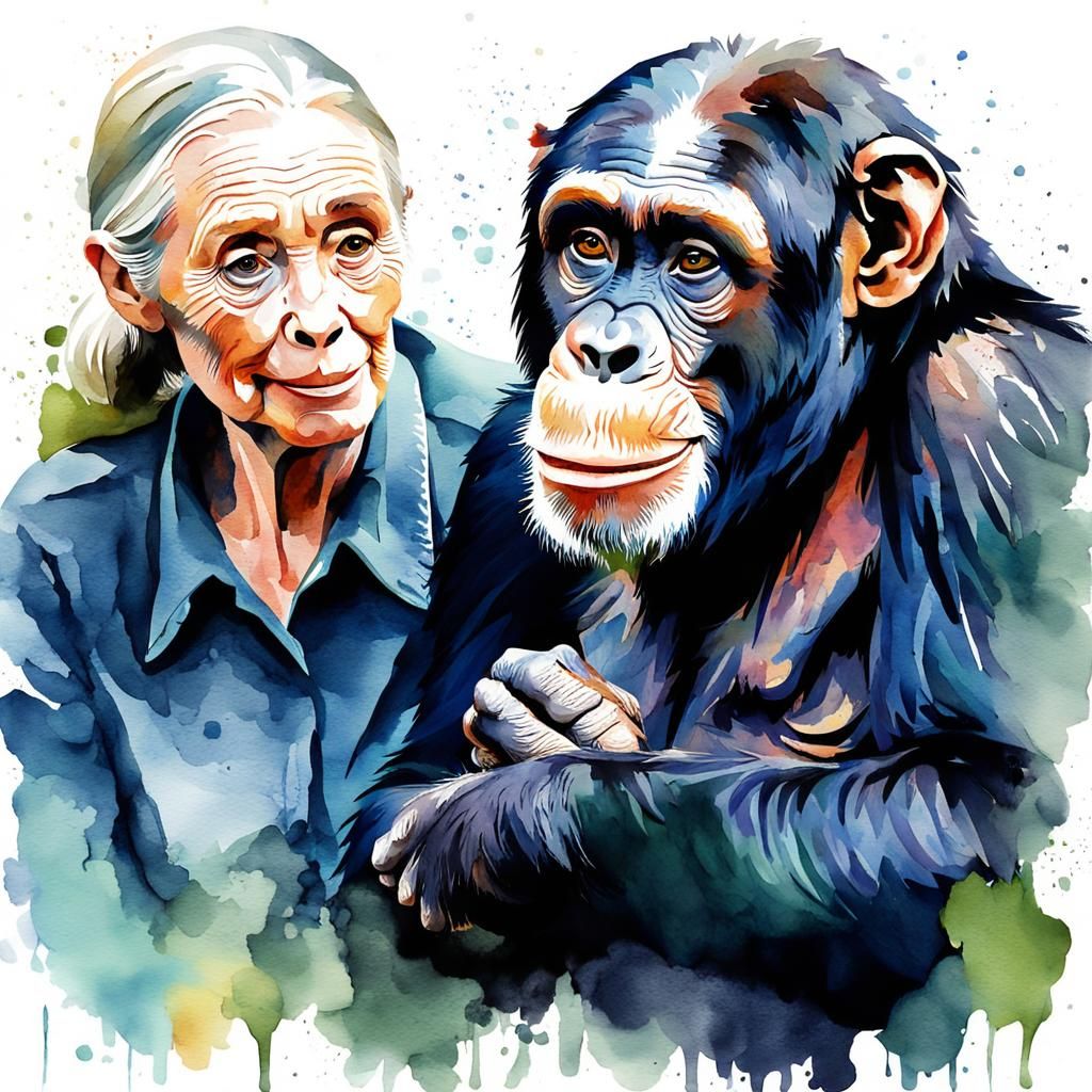 Jane Goodall and Chimpanzee in Watercolor Style