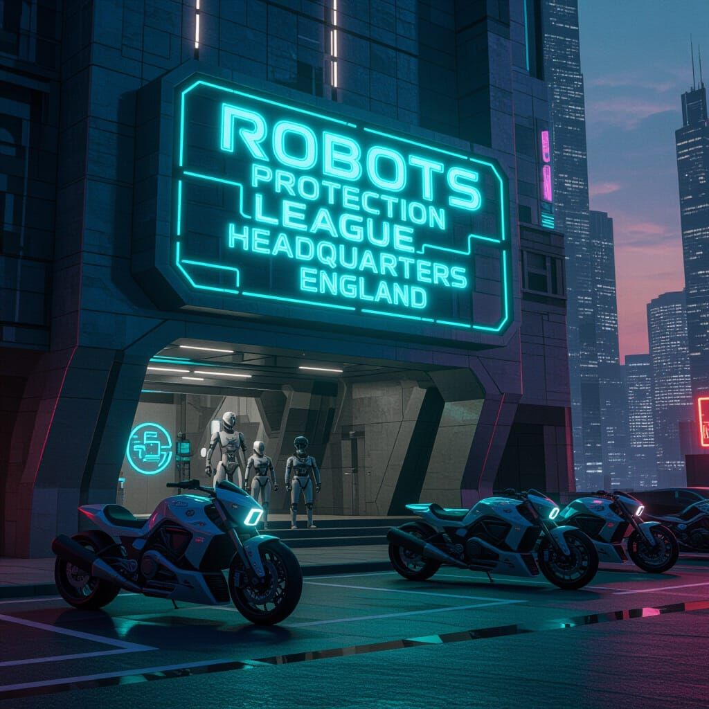 Cyberpunk Robots Protection League Headquarters at Dusk