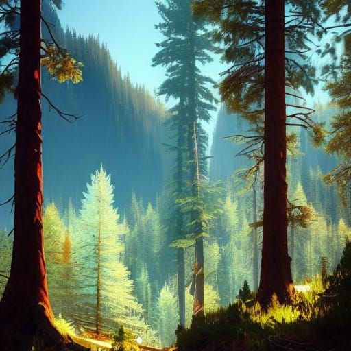 Conifer Forest and Mountains: Digital Art