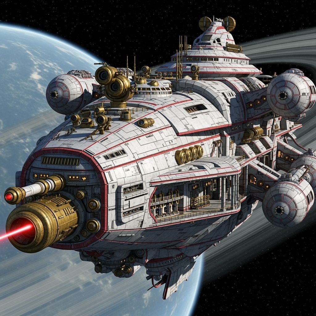 Steampunk Spaceship Over Ringed Planet in Retro-Futuristic S...