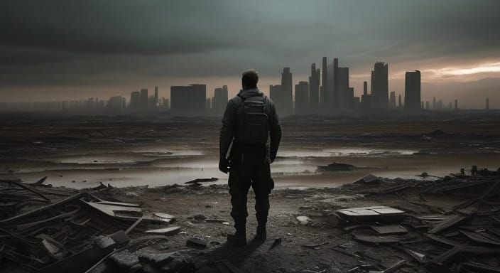 Hope Amidst Chaos: A Resolute Figure in a War-Torn Landscape