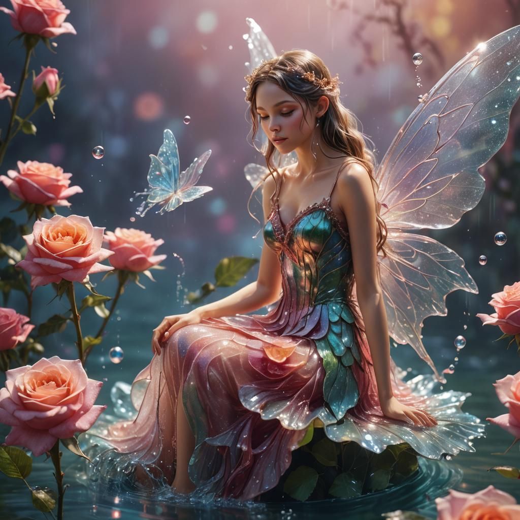 Fairy on Rose with Water Dress in Splash Art