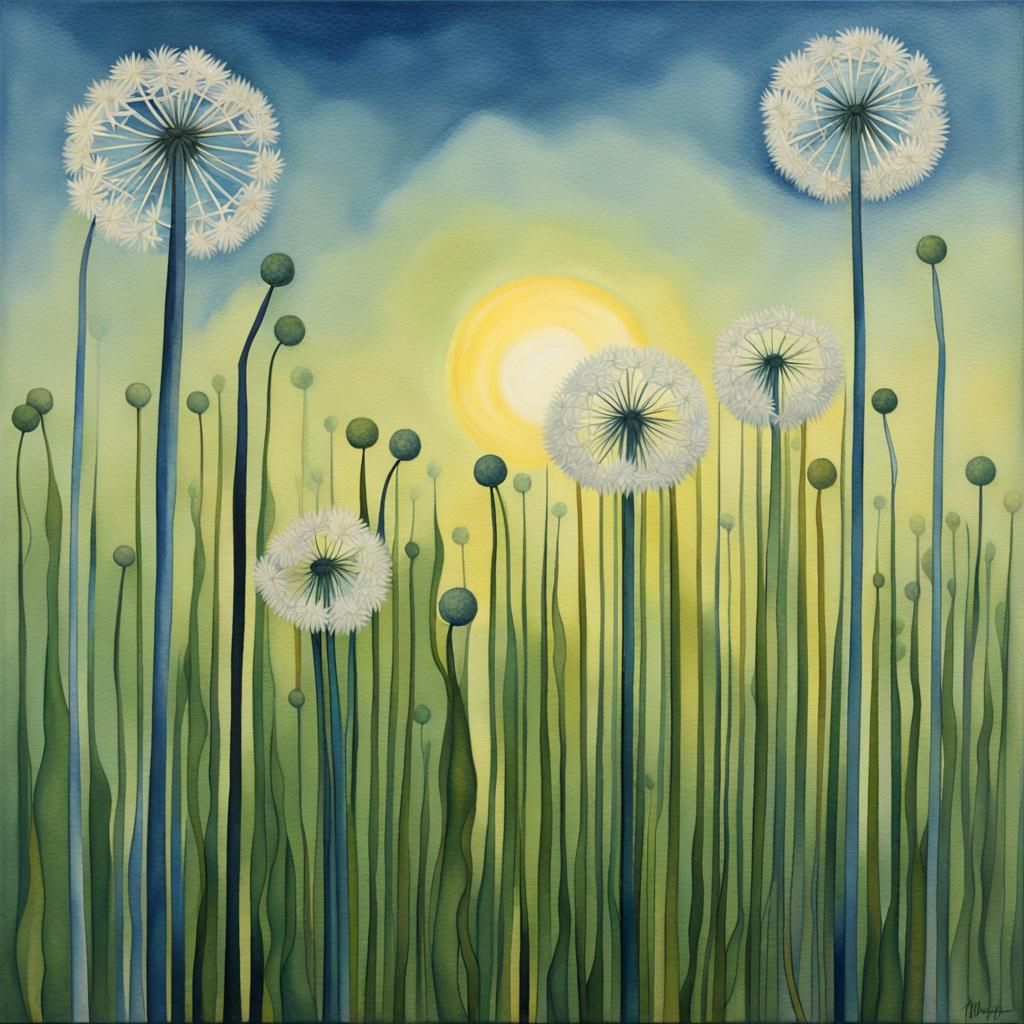 Dandelions in Green Grass: A Folk Art Impression