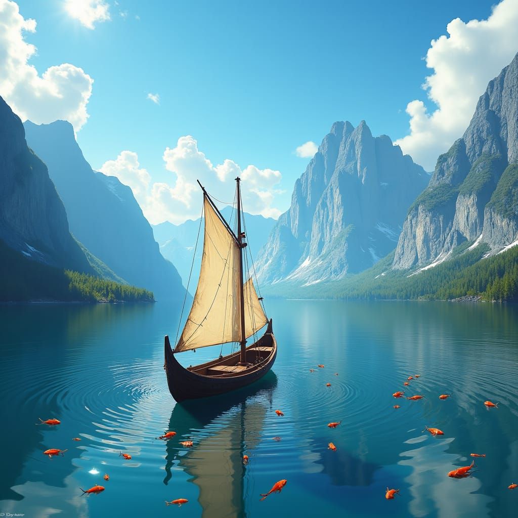 Sailboat on Serene Lake: Fantasy Concept Art