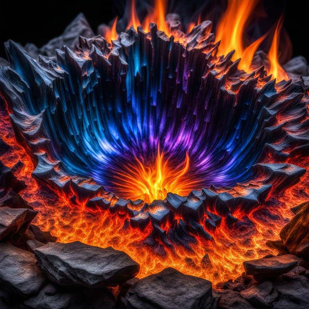 Fiery Crystal Basin: Hyperrealistic Flames