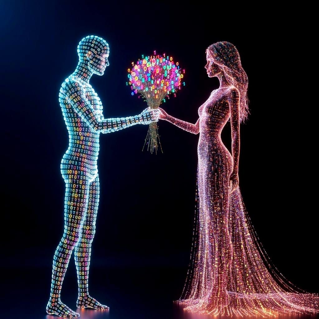 Digital Love: Binary Couple Exchanging Glowing Flowers