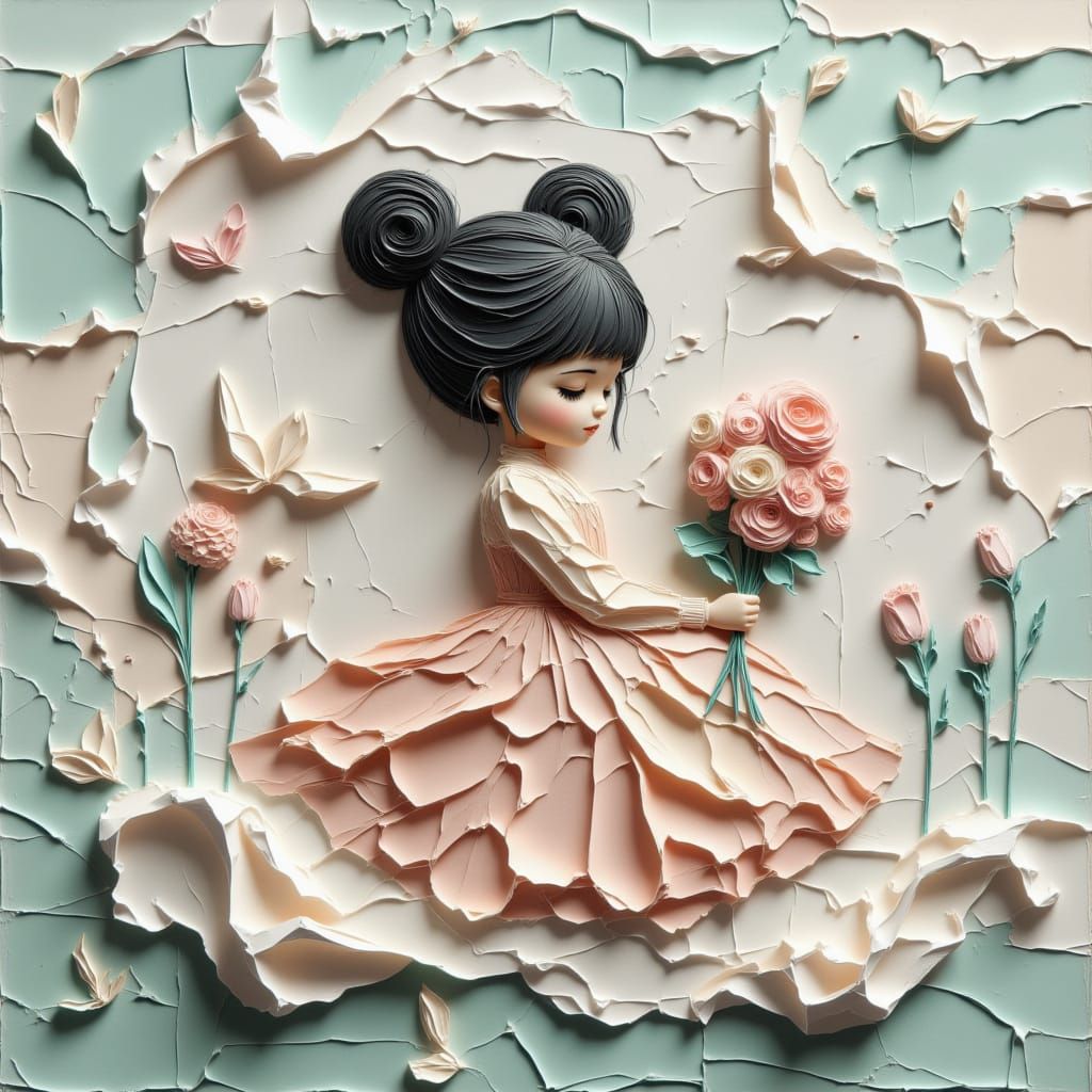 Origami Girl on Cloud with Paper Flowers