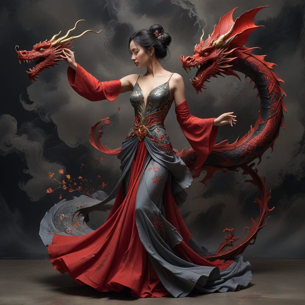 Elegant Woman in Red Dress with Dragon Background
