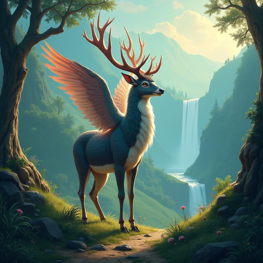 Deer-Falcon Fusion in Emerald Valley: Fantasy Concept Art