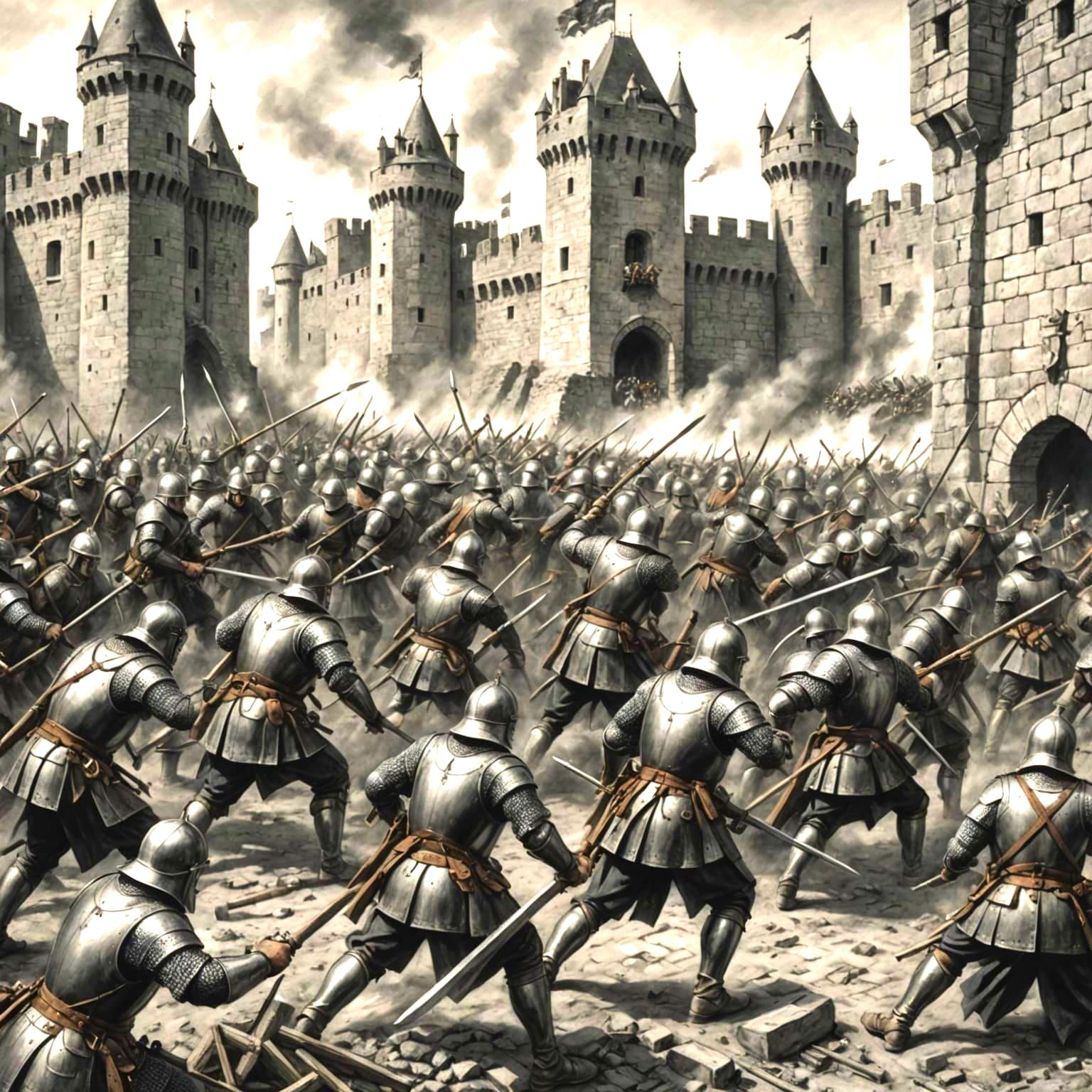 Medieval Army Besieges Castle Walls