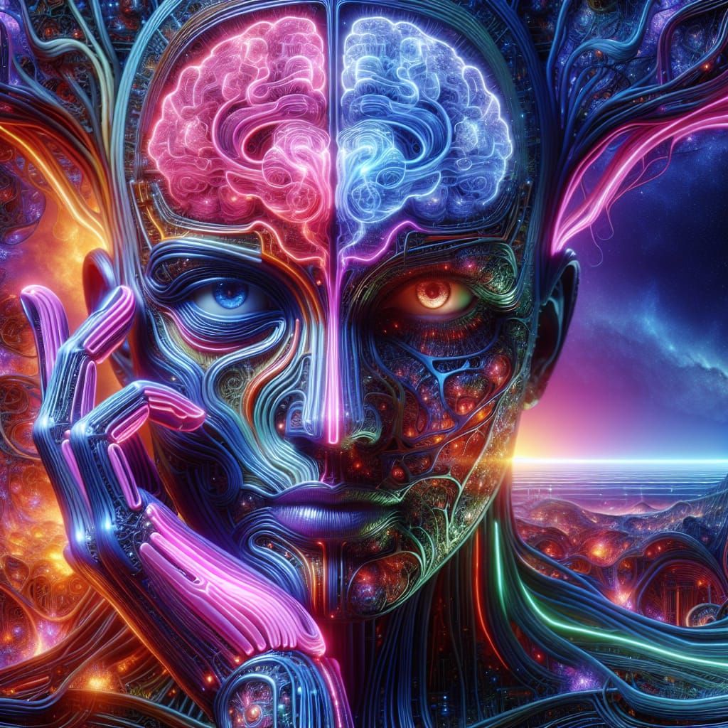 AI Brain Morphing into Face in Utopian Setting