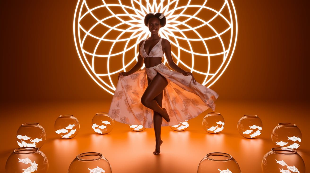 Graceful Geisha Dance with Bioluminescent Fish