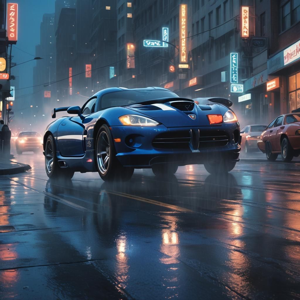 Blue Dodge Viper Speeding Through Neon Cityscape
