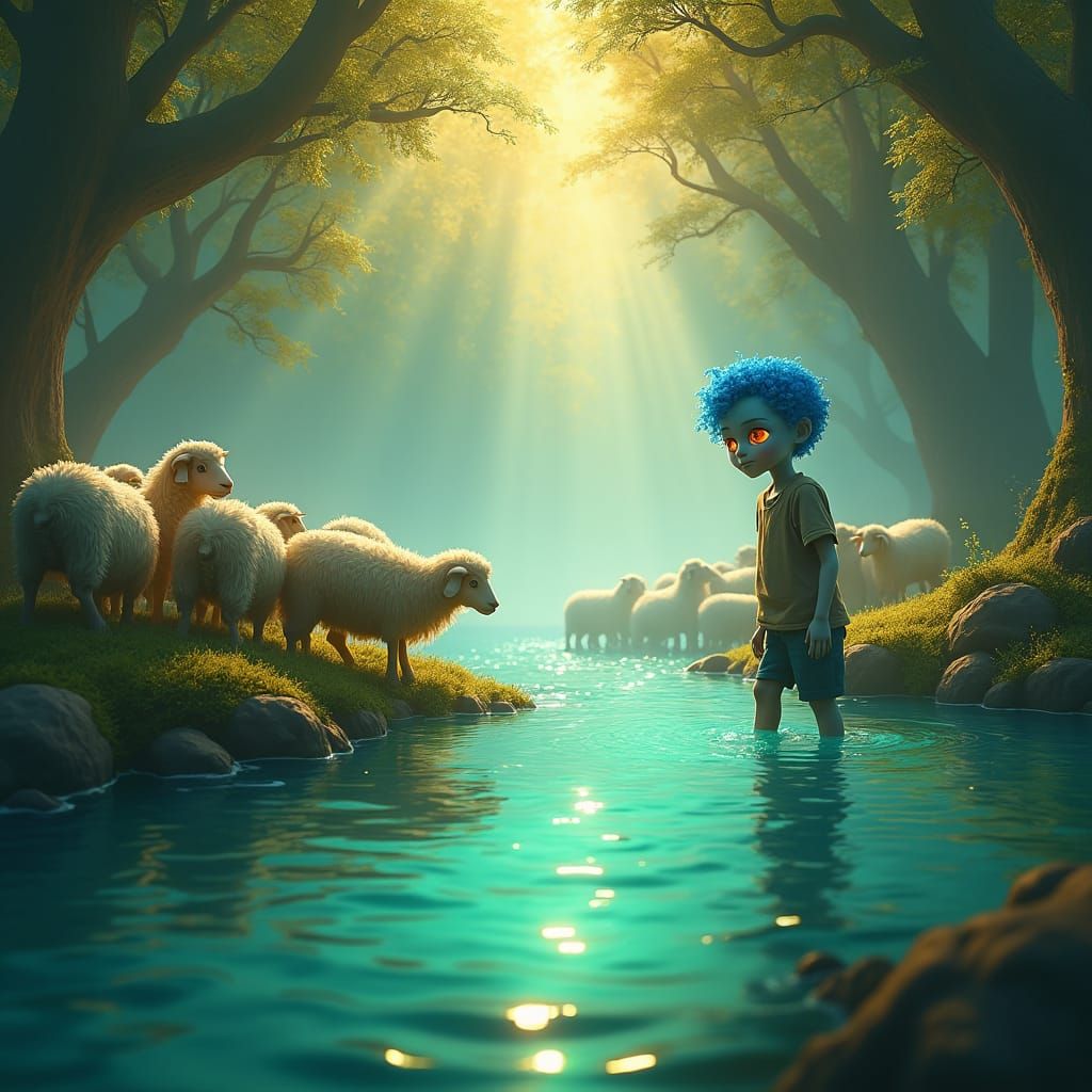 Enchanting Emerald Sheep Herding: A Dreamlike Matte Painting