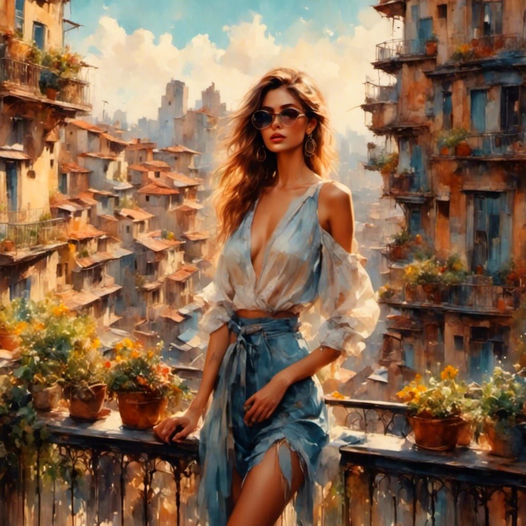 Woman on Balcony in Soft Pastel Urban Art