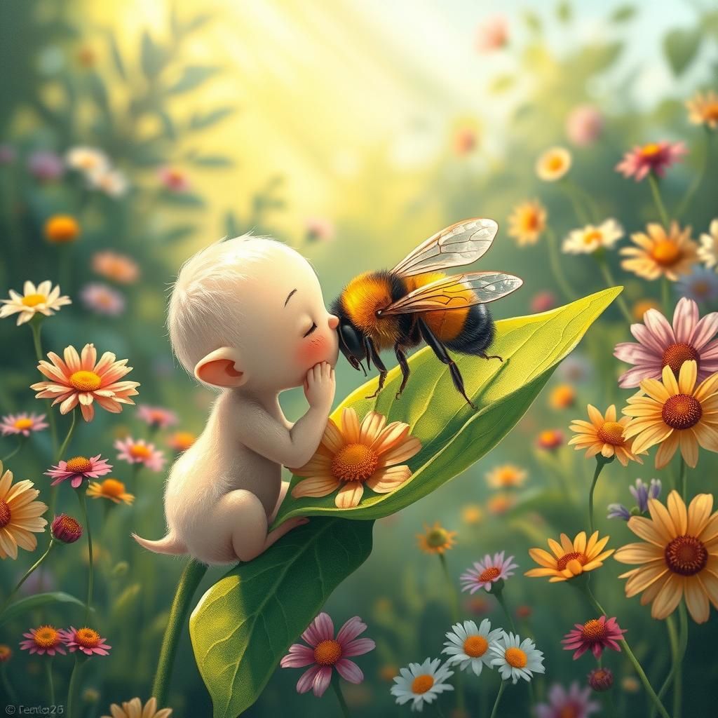 Creature Kisses Bumblebee in Dreamy Garden Scene