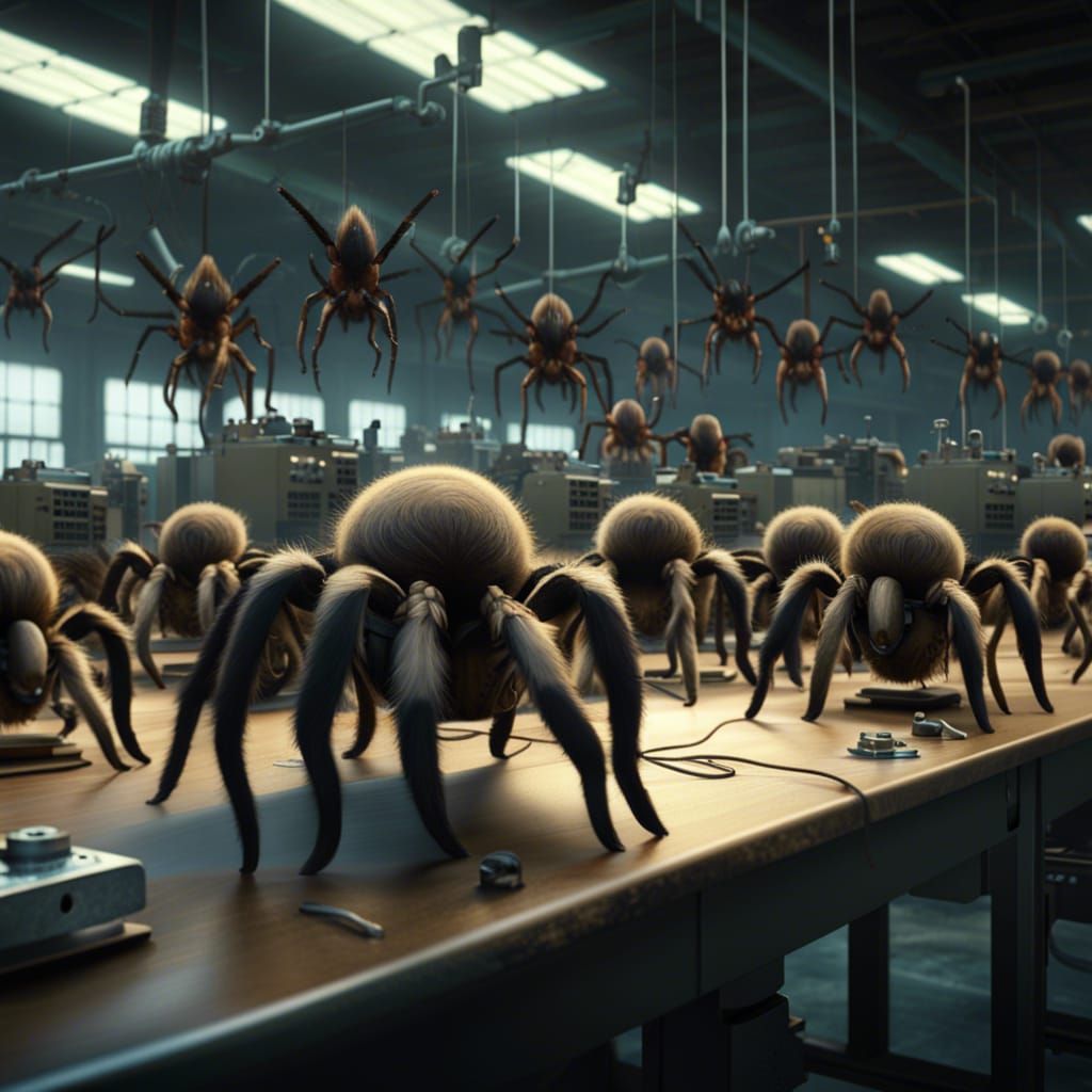 Giant Tarantulas Operate Sewing Machines in Vast Factory