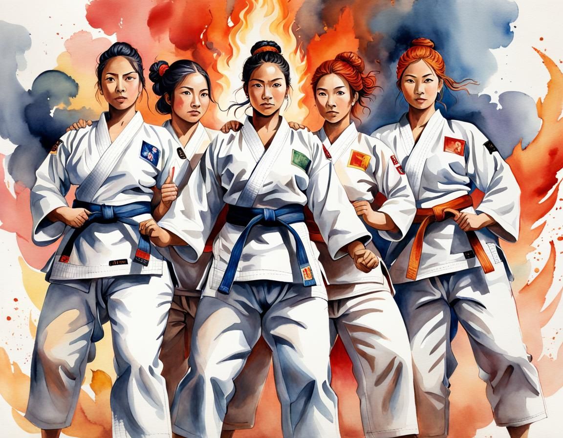 Women in Judo: A Watercolour Painting of Unity