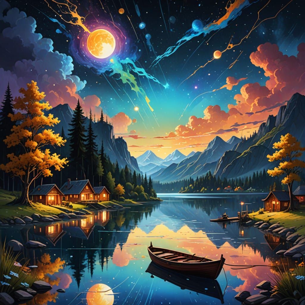 Luminous Nighttime Lake Scene in Vibrant Color