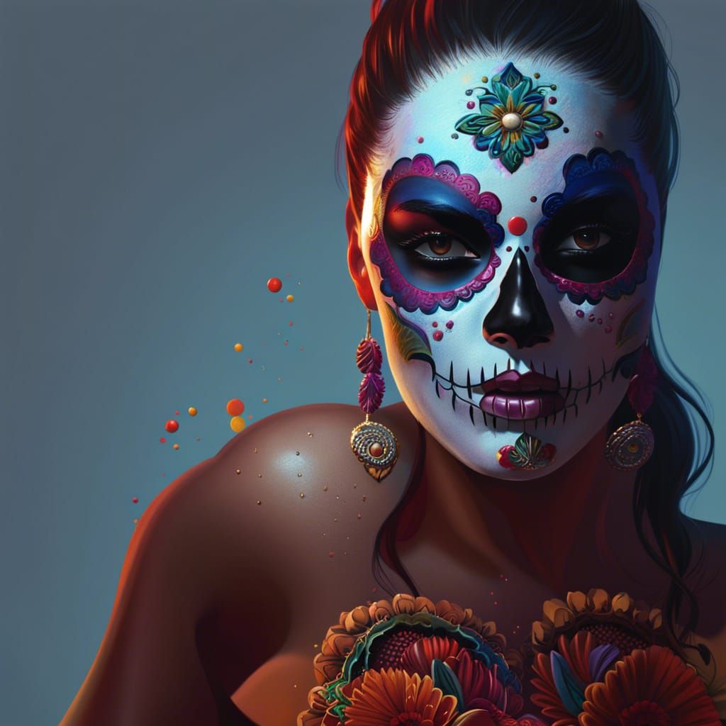 Day of the Dead Face in Hyperrealistic Splash Art
