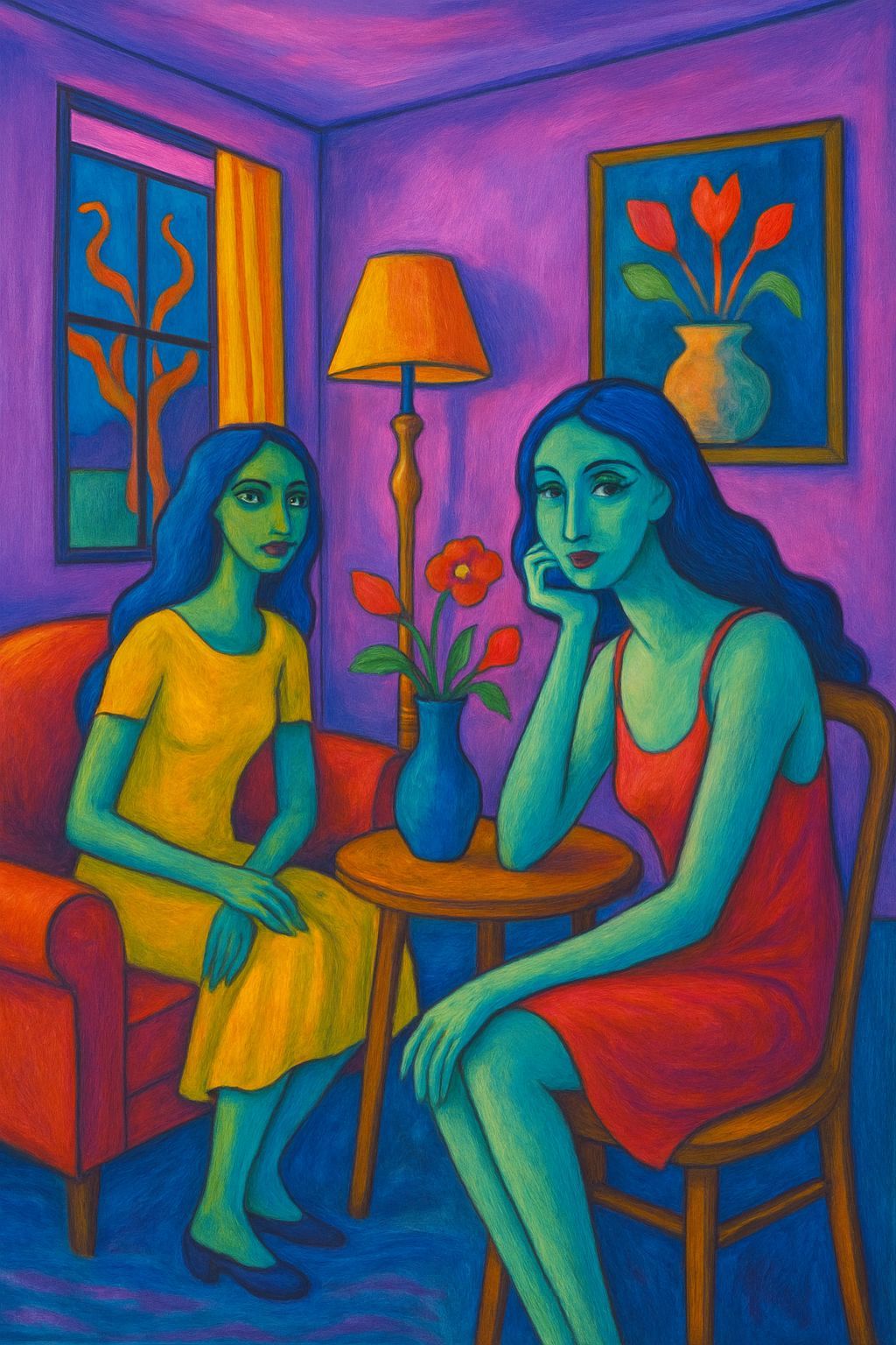 Surrealist Painting of Women in Bright Purple Living Room