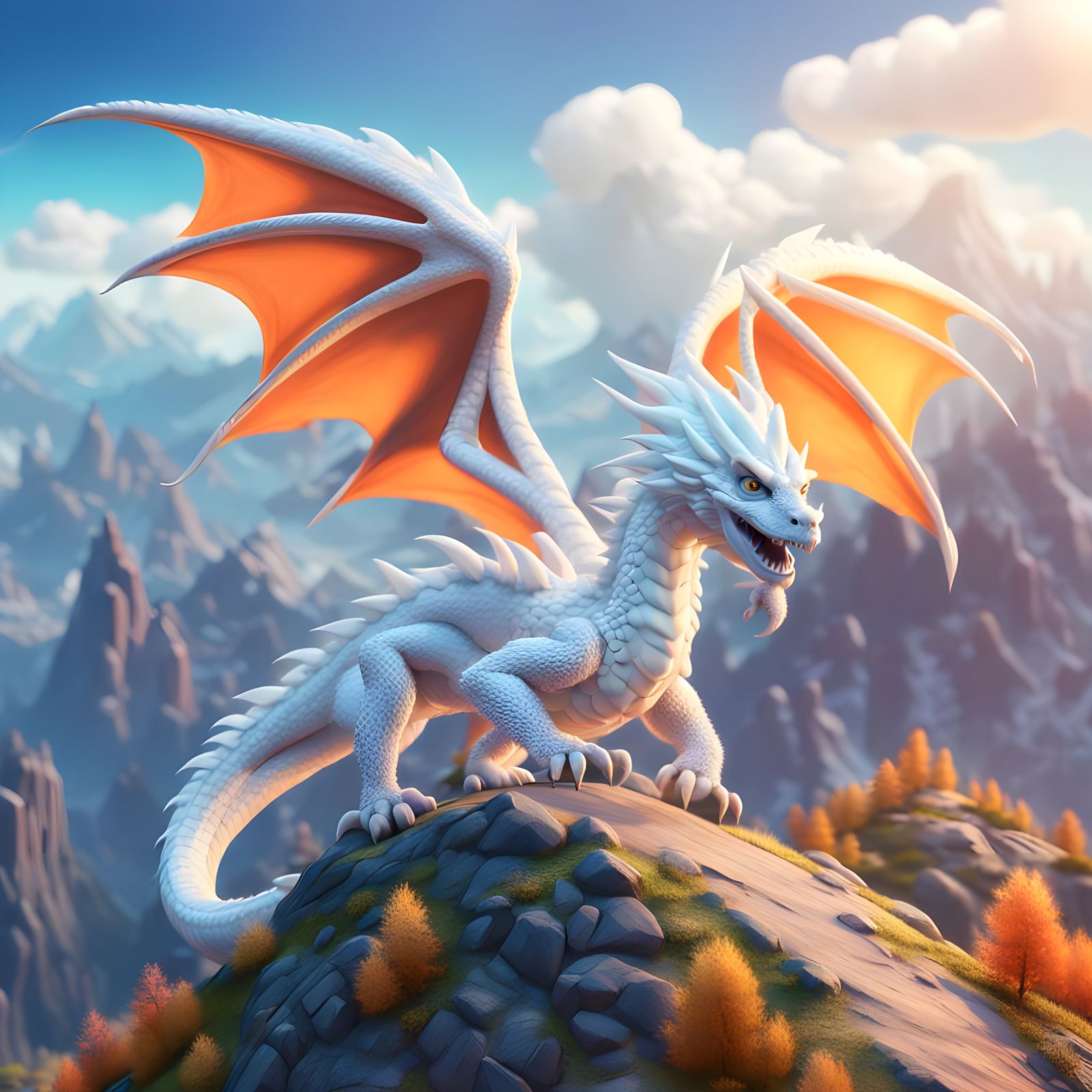Wonderful White Dragon Soars Over Majestic Mountain Landscap...