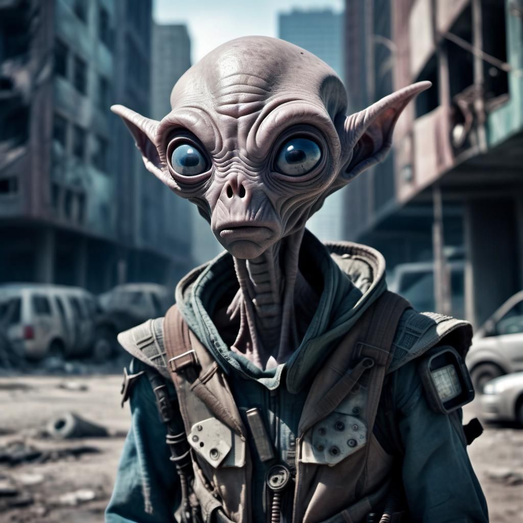 Confused Alien Portrait in Post-Apocalyptic City
