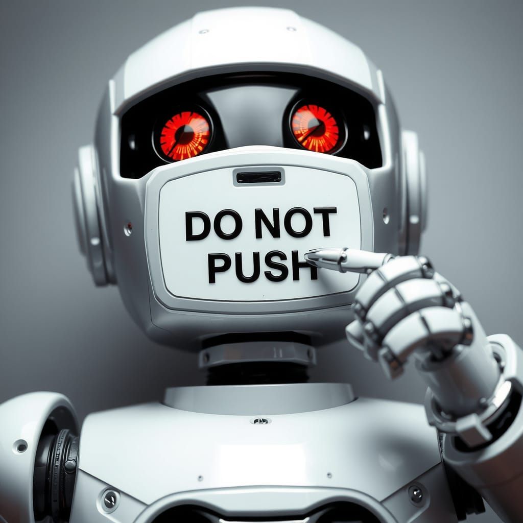A robot tempted to push a button on himself that reads "DO NOT PUSH" but hesitating.