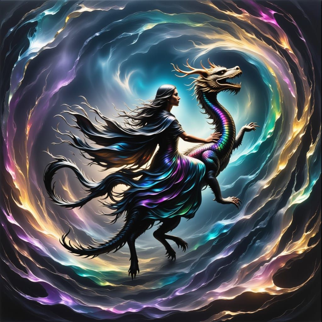 Woman Rides Luminescent Dragon Through Cosmic Vortex