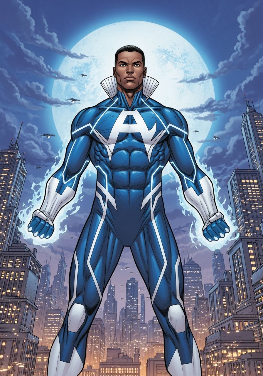 Blue Marvel: Heroic Pose in Futuristic Cityscape
