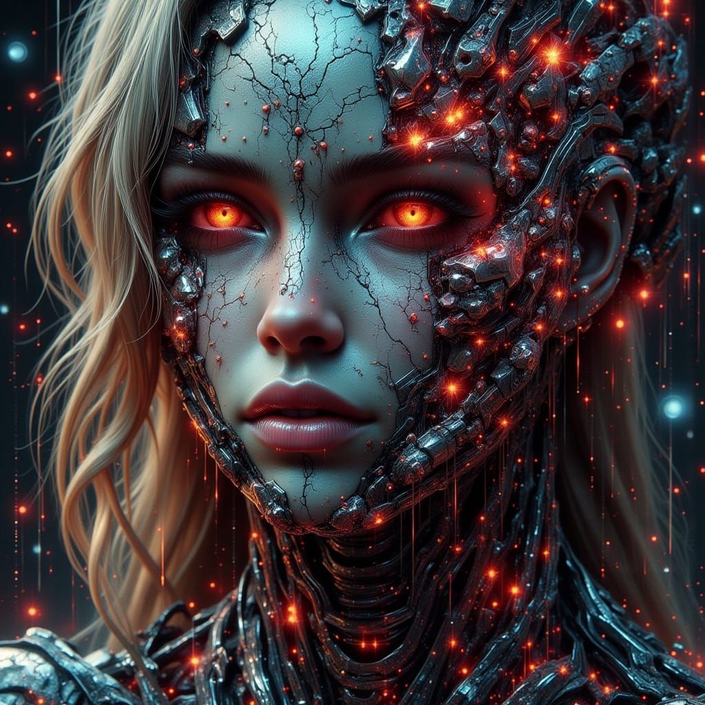 Cyborg Warrior Emerging from Digital Screen in Dark Futurism