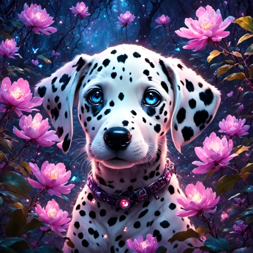 Adorable Dalmatian Puppy in Bioluminescent Forest