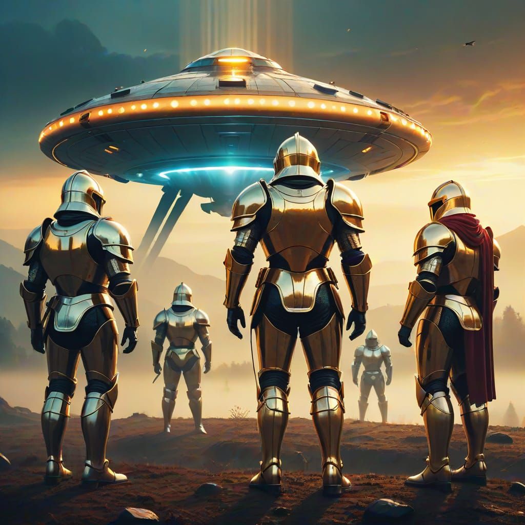 Knights Encounter UFO in Golden Hour Sci-Fi Scene