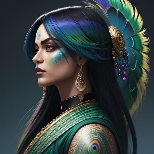 Woman with Dragon Serpent and Peacock Feathers