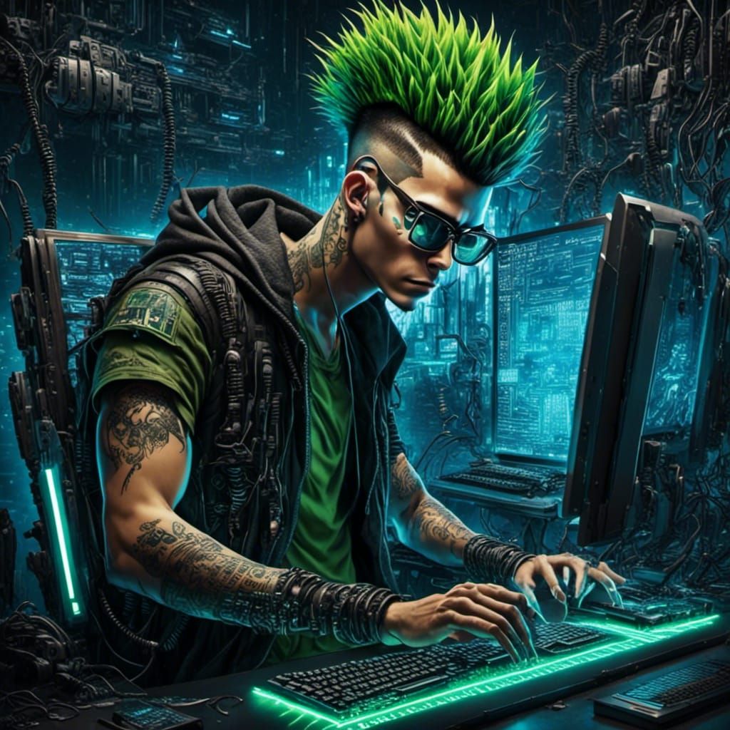 Cyberpunk Hacker with Green Hair and Reflections