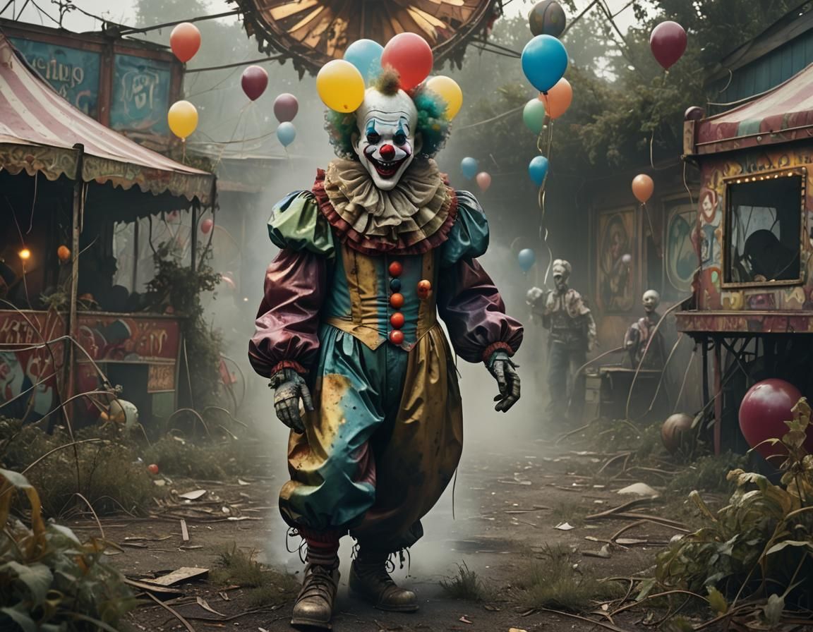 Ghostly Clown Lurking in Abandoned Carnival