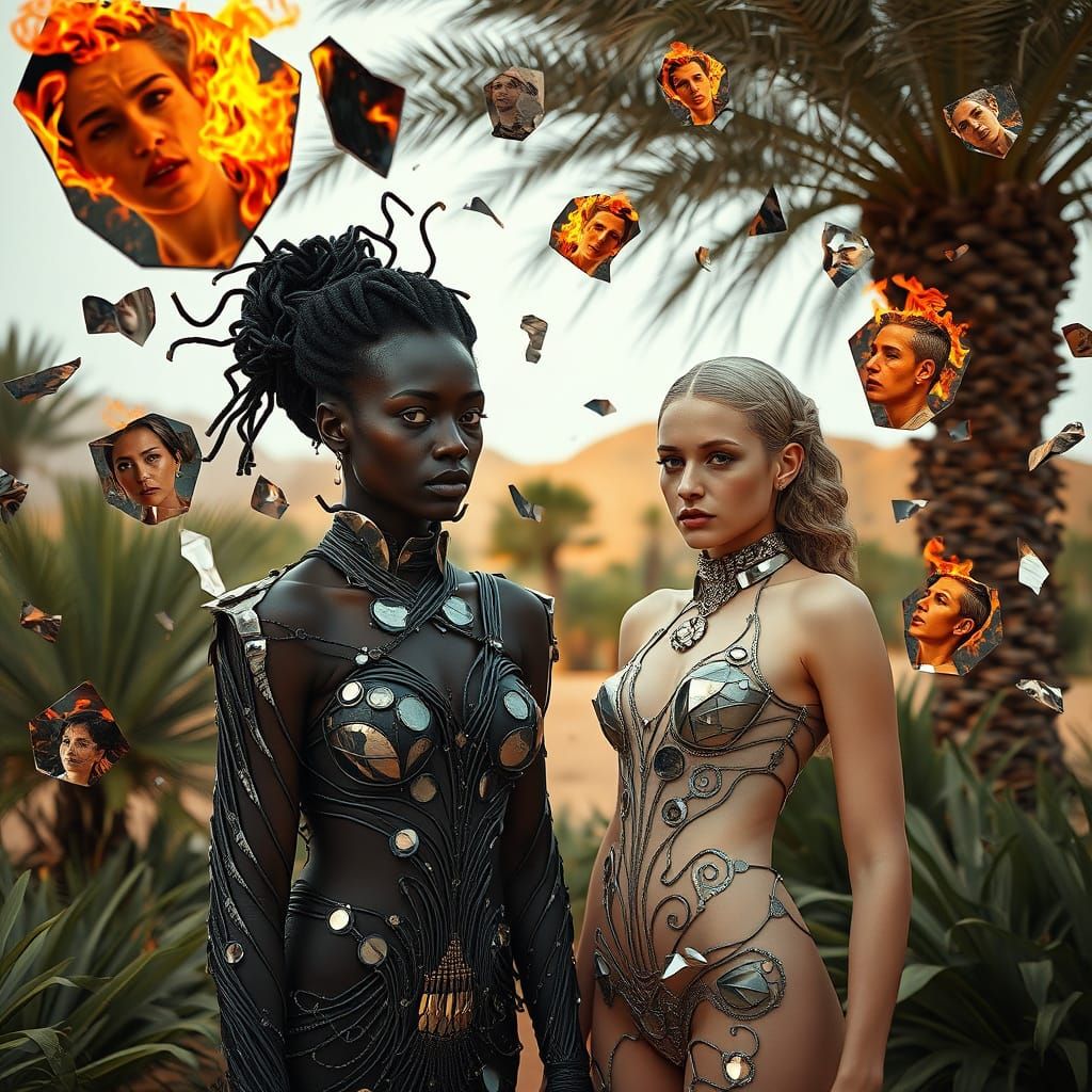 Futuristic Women in Oasis with Burning Reflections