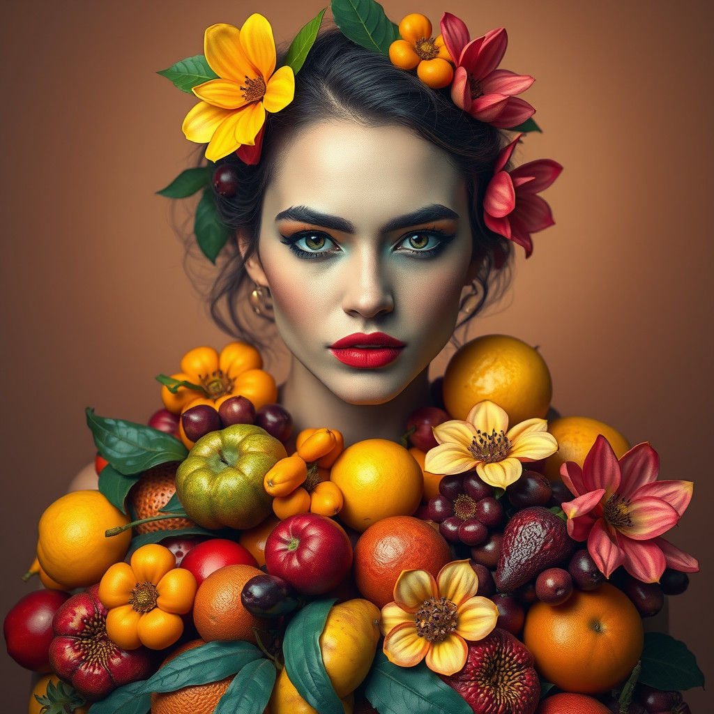 Woman in Exotic Fruit Portrait, Art Nouveau Style