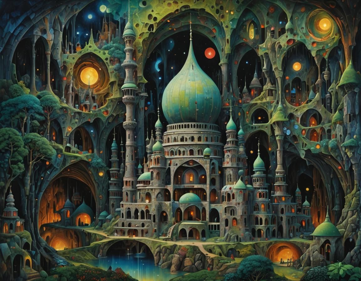 Mystic Mosque: Hundertwasser and Bosch Inspired Oil Painting