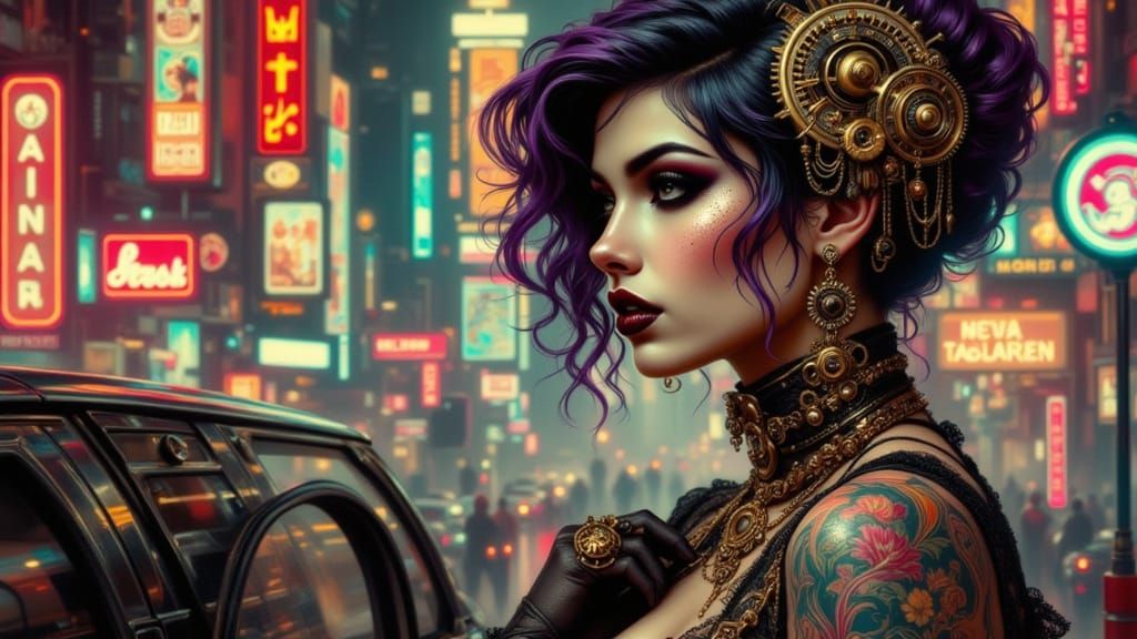 Steampunk Art Nouveau Woman in Cyberpunk Cityscape
