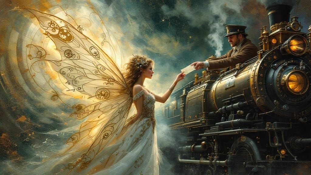 Steampunk Fairy Offers Ticket on Steam Train