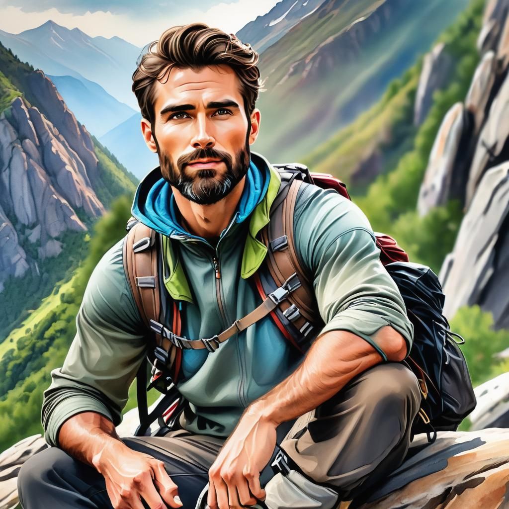 Mountain Hiker Portrait in Colored Pencil and Ink