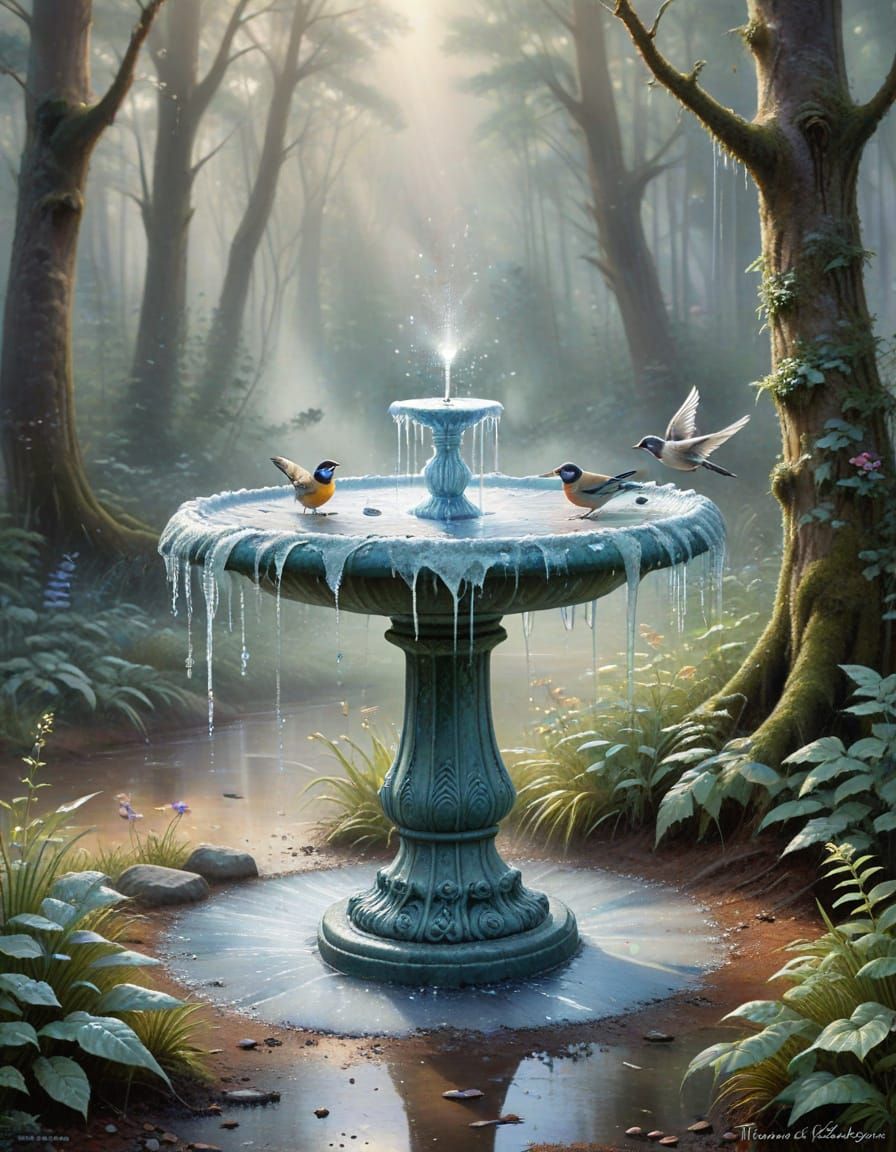 Frozen Birdbath in Summer Forest with Birds