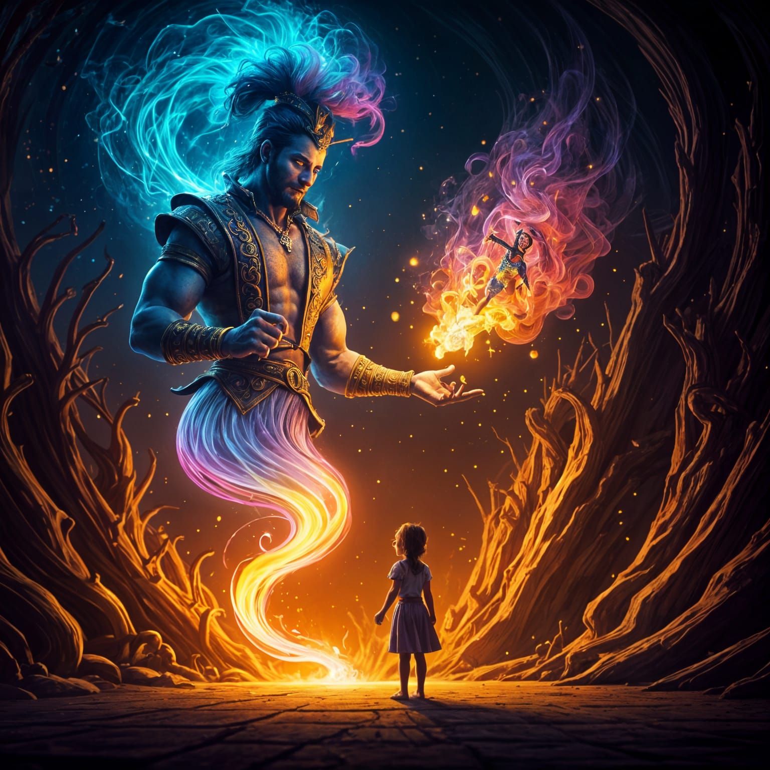 Magical Genie Conjures Vibrant Fun Fair Scene with Juggling....