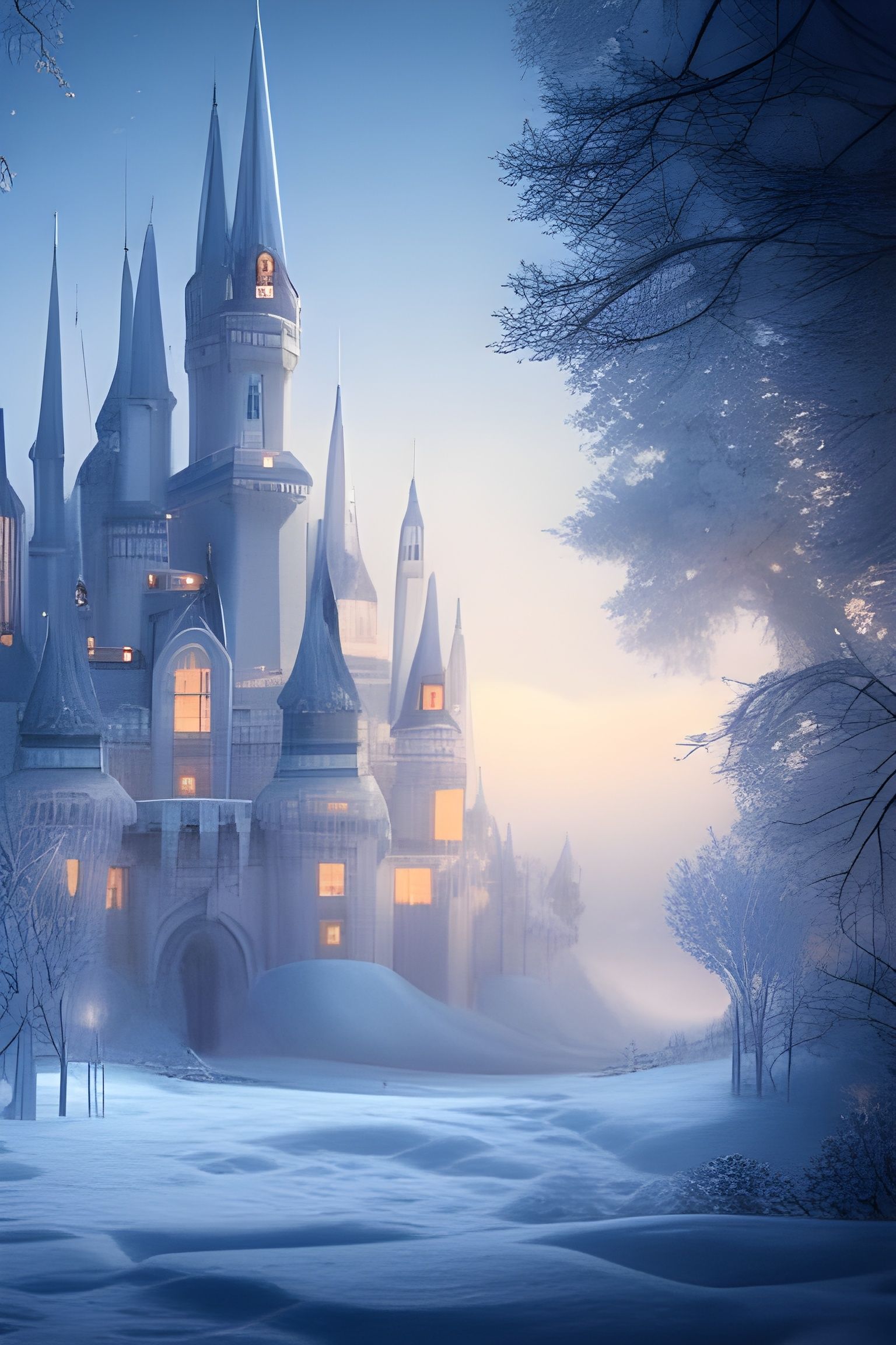 Serene Winter Castle at Night in Watercolor Style