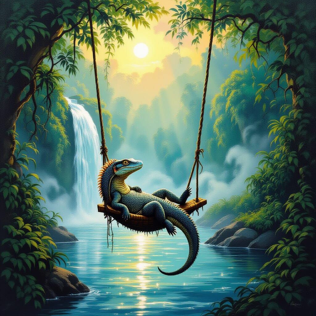 Surreal Komodo Dragon Swings Over Rainforest River