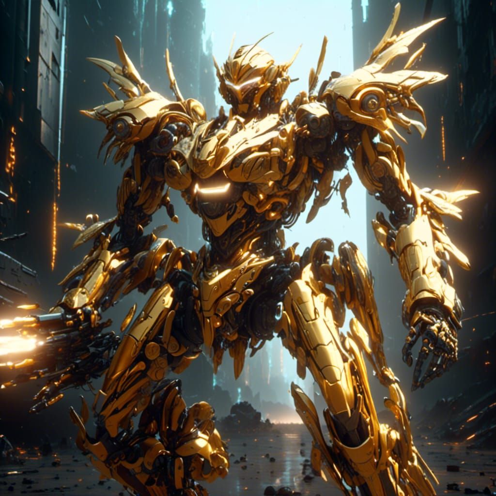 Golden Mecha Knight with Plasma Blades in Anime Style