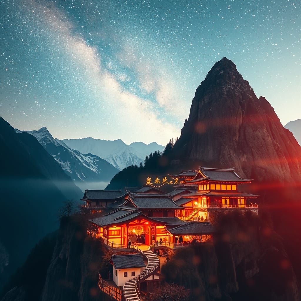 Mountainous Japanese Village at Dusk